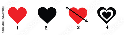 Red and black heart icon collection with double arrow and layered outline shapes vector design set