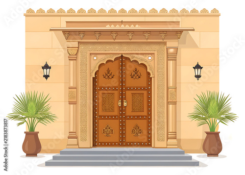Heritage Indian entrance with ornate brass ring handles, carved wooden double doors, sandstone surround, modern minimal vector style
