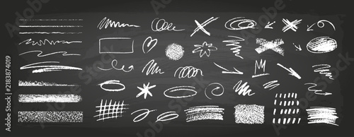 Hand drawn white chalk blackboard vector graphic elements set. Chalkboard texture effect background.
