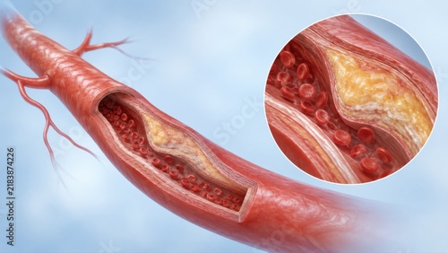 Atherosclerosis shown as artery overview with enlarged plaque narrowing detail in premium clinical CGI, isolated on clean pale blue background for clear cardiovascular education.