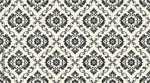 Traditional Black Flock Damask Pattern Background Featuring Ornamental Floral Botanical Motifs