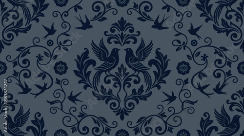 Traditional Floral Flock Damask Background Featuring Ornate Botanical Scrollwork and Classic Symmetry