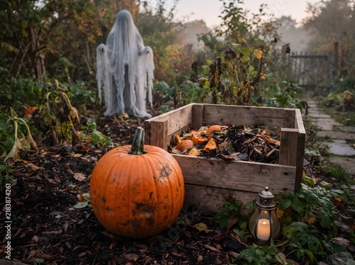 Orange pumpkin rests by wooden compost bin and glowing lantern while ghostly figure haunts garden.