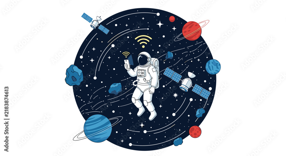 Fototapeta premium Astronaut in a spacesuit floating in space and holding a phone with wi-fi connection, cartoon vector illustration.