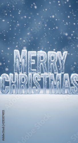 Merry christmas message formed by melting ice letters on a snowy background with snowy day