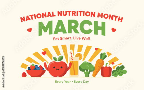 National nutrition month march typography illustration with healthy food icons