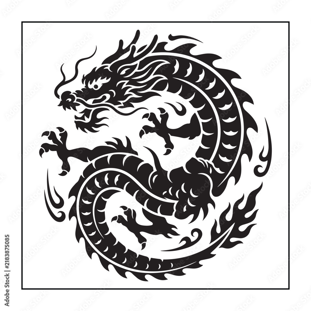 Fototapeta premium Dragon Illustration, Stylized Tribal Design, Powerful Mythical Creature
