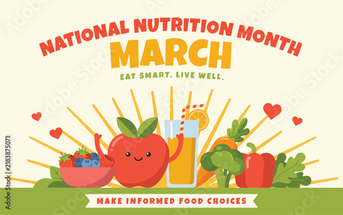 National nutrition month march banner with smiling fruit and vegetable graphics