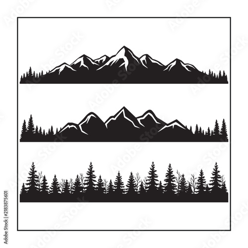 Mountains Silhouette Set with Layered Peaks and Forest Line Illustration