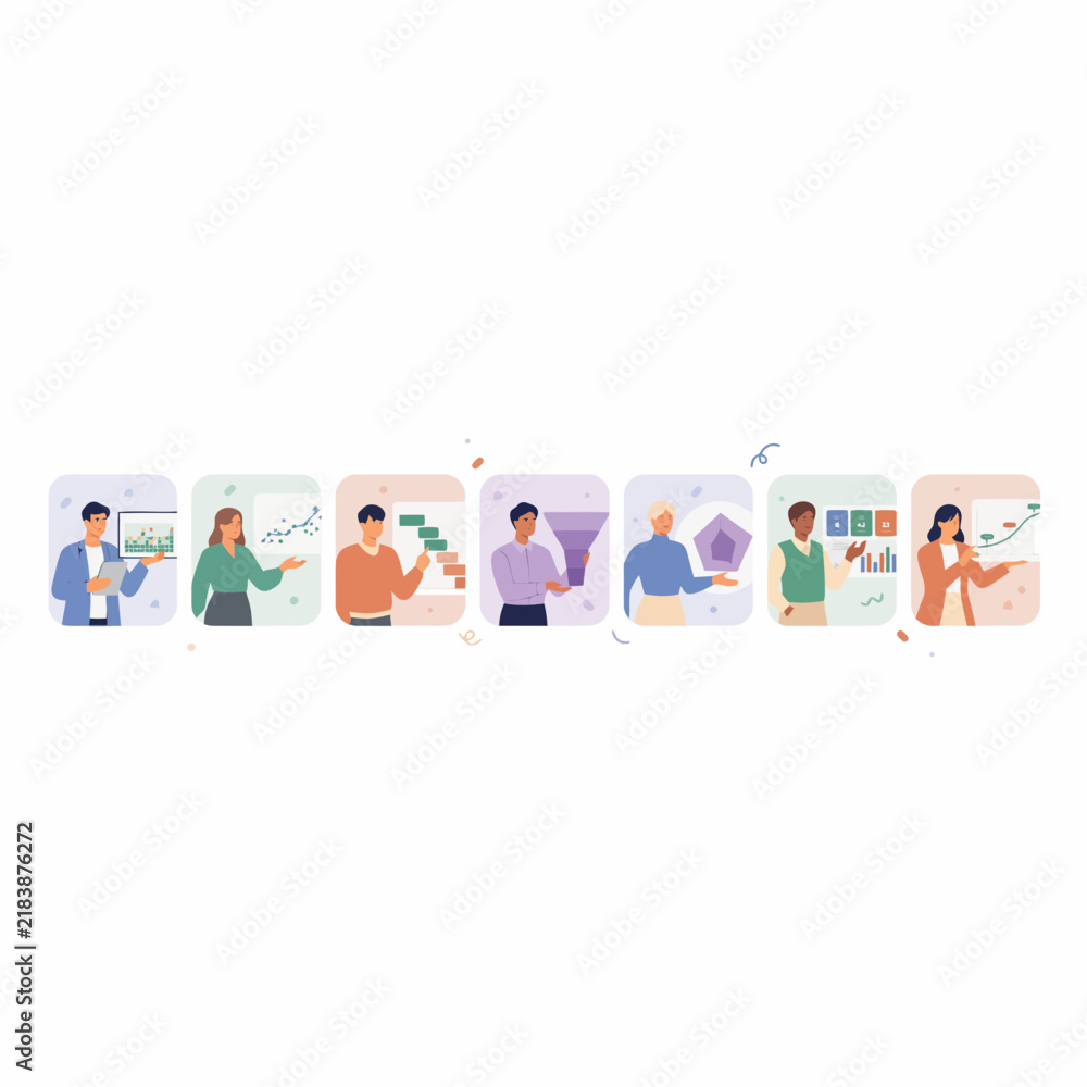 Fototapeta premium Isometric business data management vector, office professionals processing financial reports, digital database and archive system