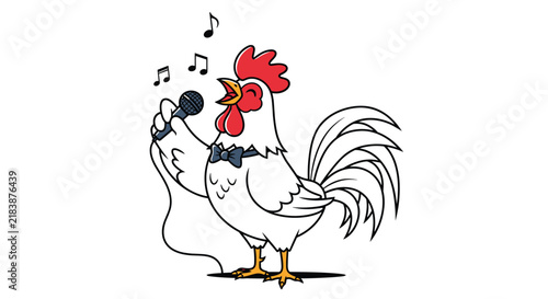 Hilarious cartoon of a white rooster wearing a black bow tie while singing passionately into a wired microphone.