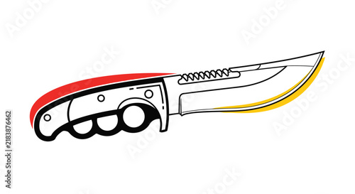 Illustrated tactical survival knife with a jagged spine, finger guard handle, and custom red and yellow highlights.