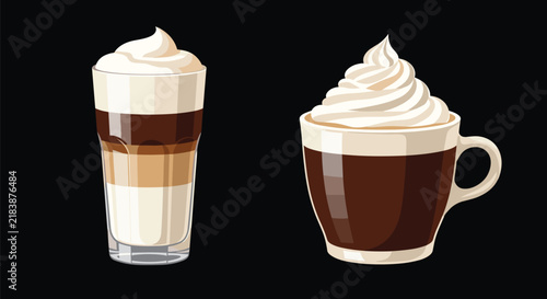Two delicious coffee drinks topped with thick whipped cream, one in a tall layered glass and one in a ceramic cup.