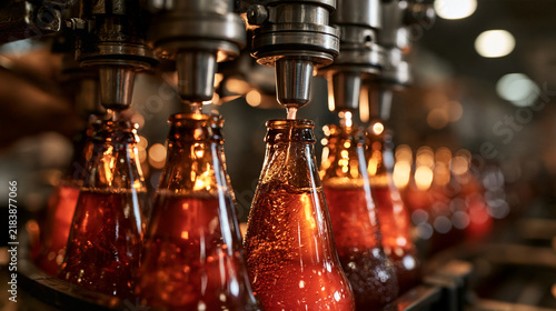 Bottling Line Filling Amber Bottles With Juice