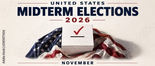 Midterm elections 2026 voting banner with american flag symbolizing democracy and civic participation