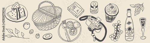 picnic elements in hand drawn style in vector. Element for design advertisement mail posts poster print postcard banner decor backgrounds