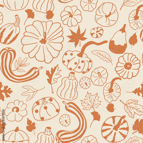 Seamless pattern with pumpkins and leaves in hand drawn style.Element for decoration design mail posts postcards poster print invitation background backdrop wrapping wallpaper banner textile