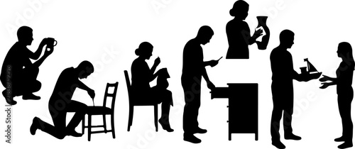 Silhouettes of people performing various household chores and hobbies vector illustration