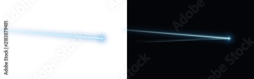 Blue laser beam effect with glowing light trail and concentrated energy point for futuristic sci-fi technology and motion isolated on a transparent background