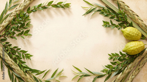 Sukkot Holiday Background, Traditional Four Species Lulav Etrog Hadas Arava Palm Branch Citrus Fruit Arrangement On Vintage Textured Paper Surface Festive Jewish Festival Concept Banner, Tradition