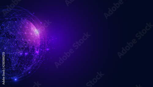 Glowing purple digital globe vector with plexus network lines. Global communication and technology space concept.