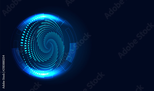 Futuristic blue digital spiral HUD interface vector background. Technology radar and cyberspace vortex concept.