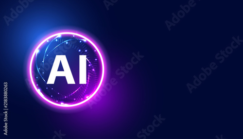 AI text inside glowing neon purple and blue circle with sparkles. Artificial intelligence tech background.