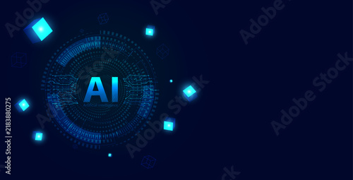 AI artificial intelligence vector concept with circular HUD and glowing 3D cubes. Machine learning background.