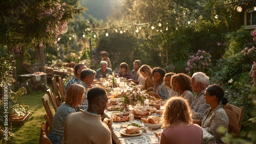 Large diverse family gathered outdoors in a lush green garden for a festive long table dinner celebration at golden hour sunset