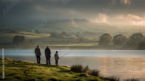 A multi-generational family of grandfather father and son enjoying a peaceful morning of fishing by a serene lake amidst misty rolling hills