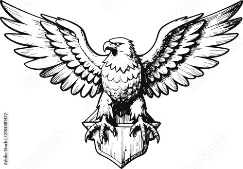 majestic eagle with outstretched wings perched on a shield, detailed black and white illustration