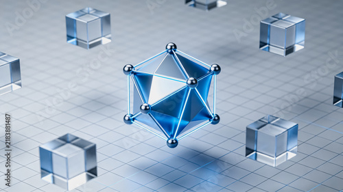 Naklejka Networked Polyhedral Structure with Floating Cubic Elements