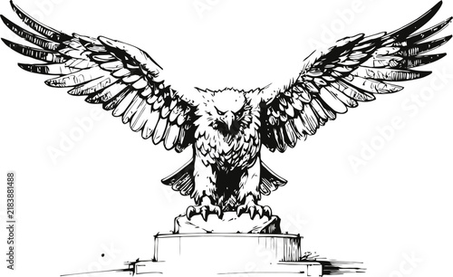 Eagle spreading wings perched on pedestal detailed black and white illustration