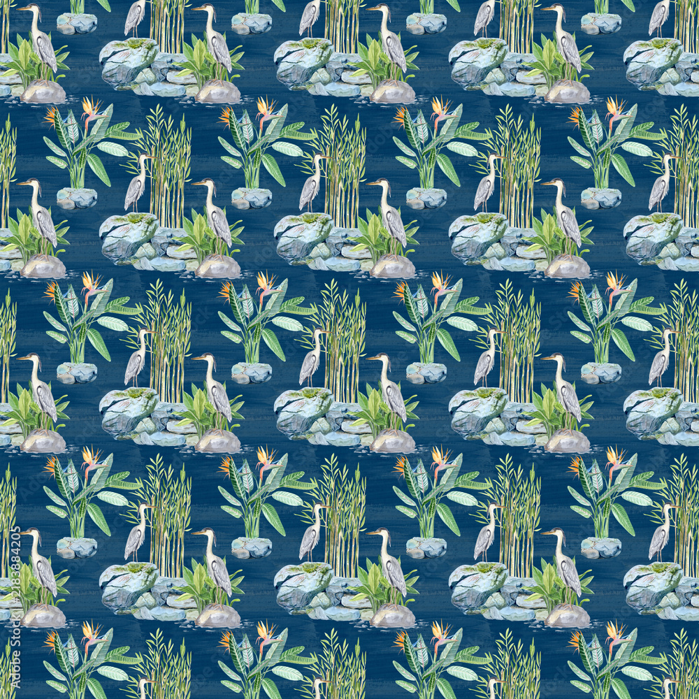 Obraz premium Asian-inspired landscape with herons, tropical plants, stones, and water. Watercolor seamless pattern on blue. Perfect for botanical designs, exotic wallpaper, textile, nature themes, zen-style