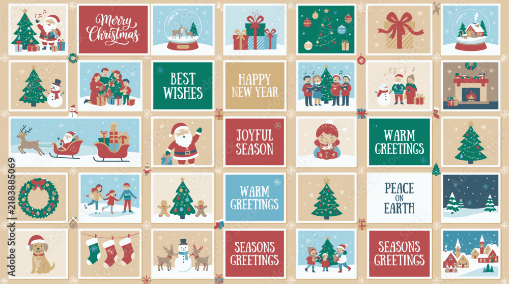 Fototapeta premium Decorative grid of Christmas holiday themed squares featuring festive illustrations and Merry Christmas greeting typography Merry Christmas