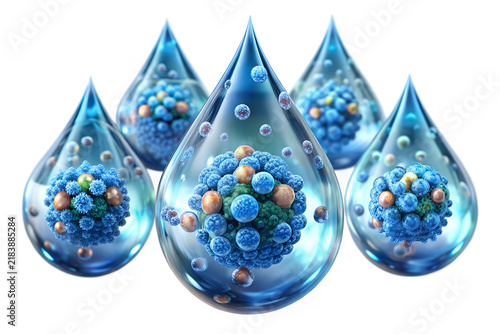 Water Drop Inspired Microscopic Forms Arranged as a Cellular Group on white background
