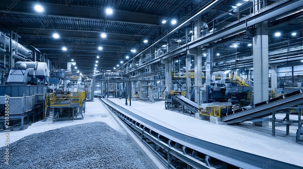 Obraz premium Modern industrial facility with conveyor belts hinery and bright overhead lighting in a spacious factory setting