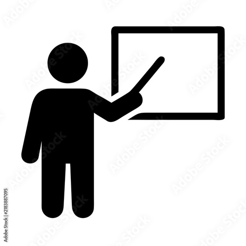 Black silhouette of a person pointing at a whiteboard or screen, representing teaching or