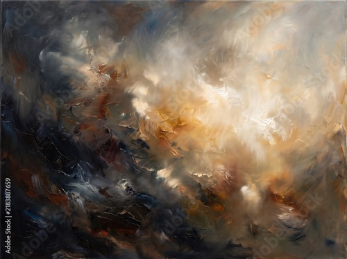 Abstract oil painting background featuring textured brushstrokes of dark and glowing warm light