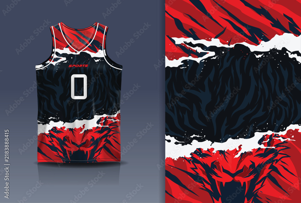 Obraz premium Basketball Jersey Sport Streetwear Design Abstract Tiger Flame Grunge Pattern Red Black White Sublimation Fashion