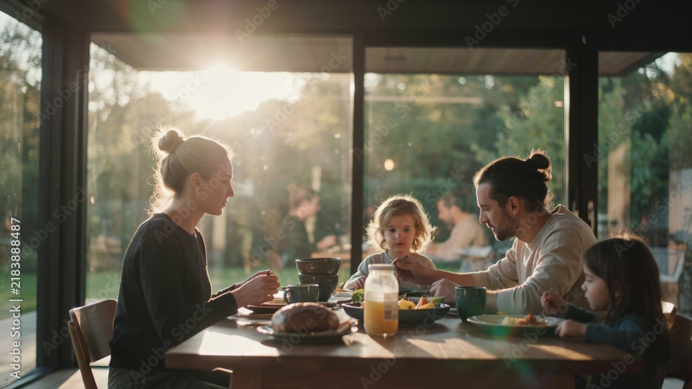 Fototapeta premium Family enjoying a warm, sunlit dinner together at home