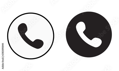 Black and white telephone handset icons with circular outlines, representing call symbols or contact options for communication purposes.
