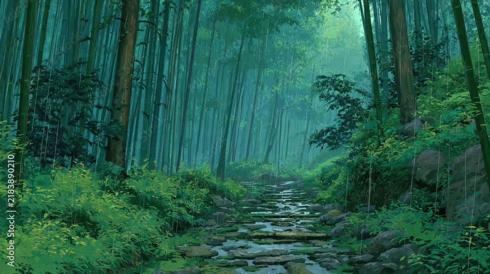 Obraz premium A serene stone path winds through a lush verdant bamboo forest during a gentle rain shower