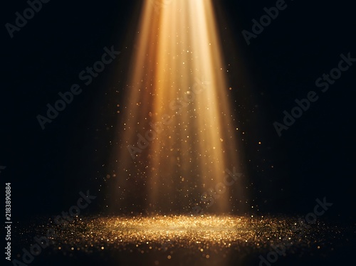 Spotlight background, golden light beam descending on stage with glowing dust particles
