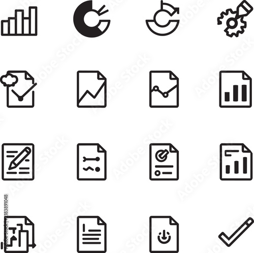 Minimalist Data Analytics Document and Chart Icon Set Vector Illustration
