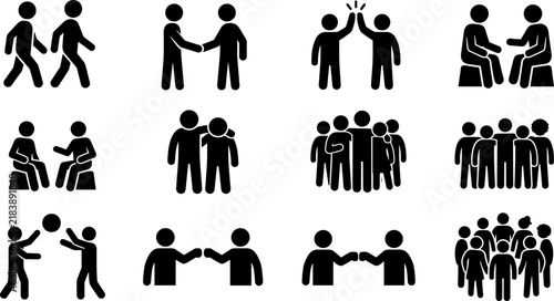 Set of social interaction icons featuring people communicating, collaborating, and socializing