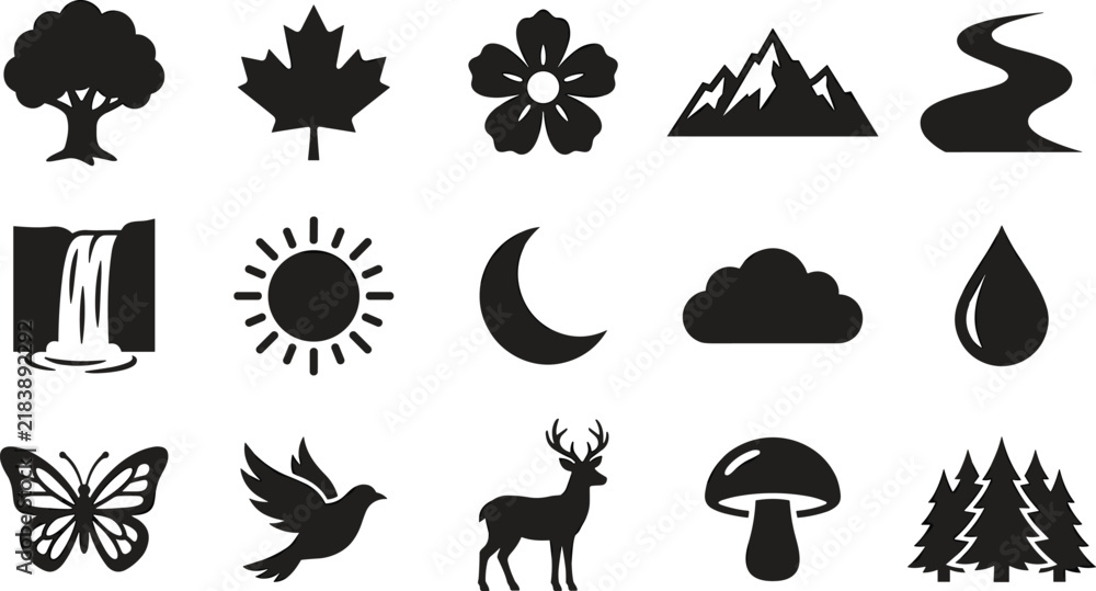 Fototapeta premium Set of nature icons including trees, mountains, river, waterfall, sun, moon, cloud, rain drop, butterfly, bird, deer, and mushroom