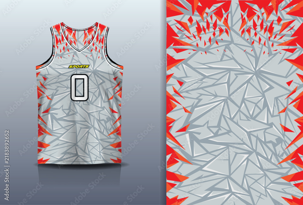 Fototapeta premium Basketball Jersey Sport Streetwear Design Abstract Shattered Crystal Geometric Pattern Grey Red Sublimation Fashion