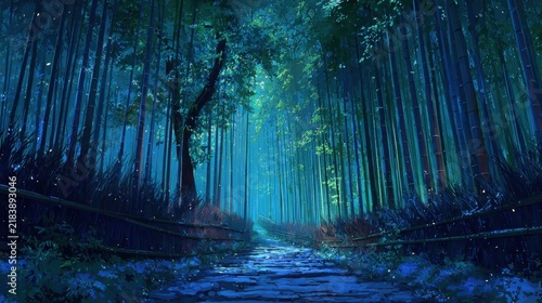 A magical stone pathway winds through a serene bamboo forest at night bathed in an ethereal blue and green light