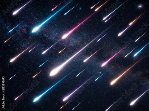 Meteor shower digital illustration of shooting stars, glowing comets, and glowing trails in the night sky